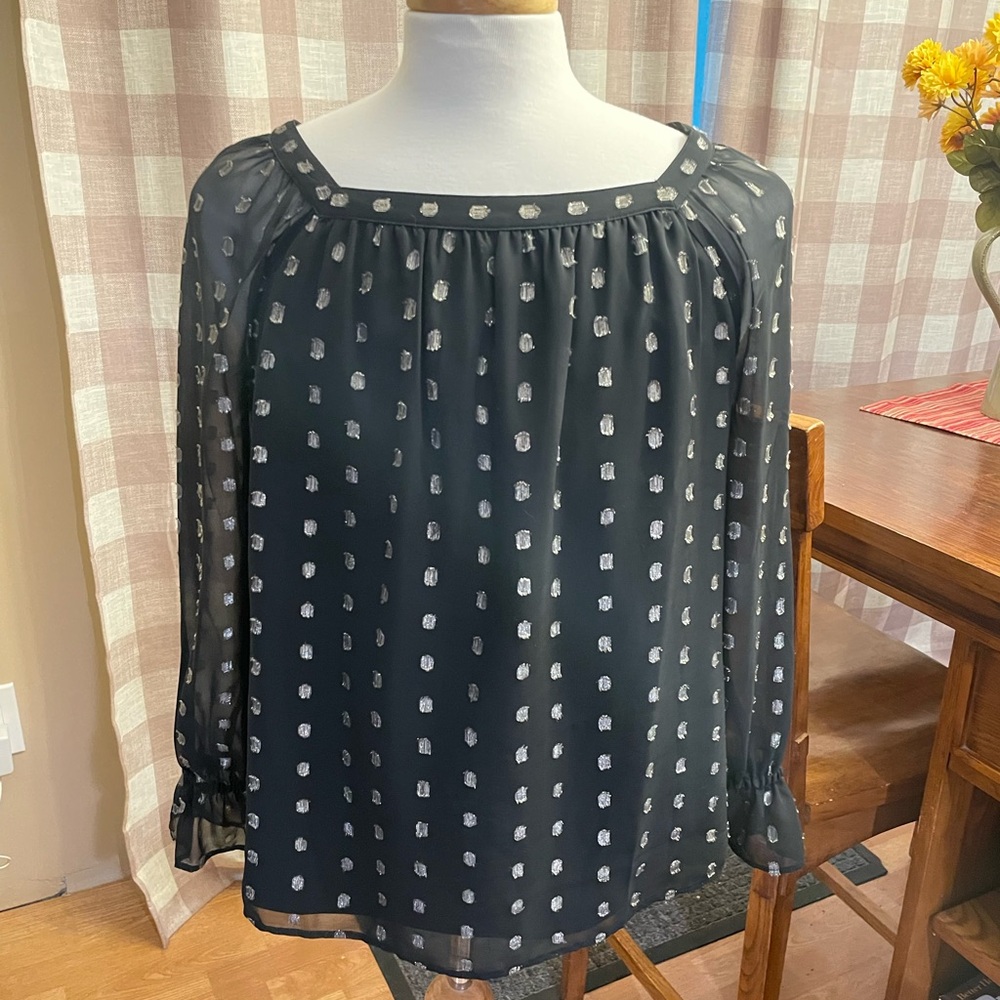 Talbots Black Blouse with silver distressed embroidery with lining size large